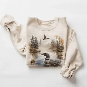 Unisex Retro Sweatshirt with 90's Common Loon Graphic, Vintage Birdwatching Casual Long Sleeve Cotton Blend Tops