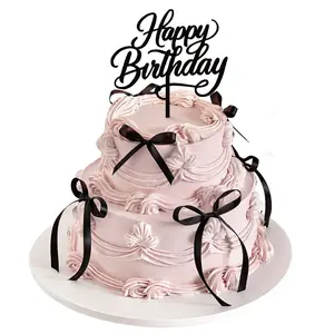 Black Bow Cake Decorations with Happy Birthday Text Toppers, 11-Piece Satin Bow Set, Vintage Theme Party Supplies for Birthdays, Cake Decorating Kit