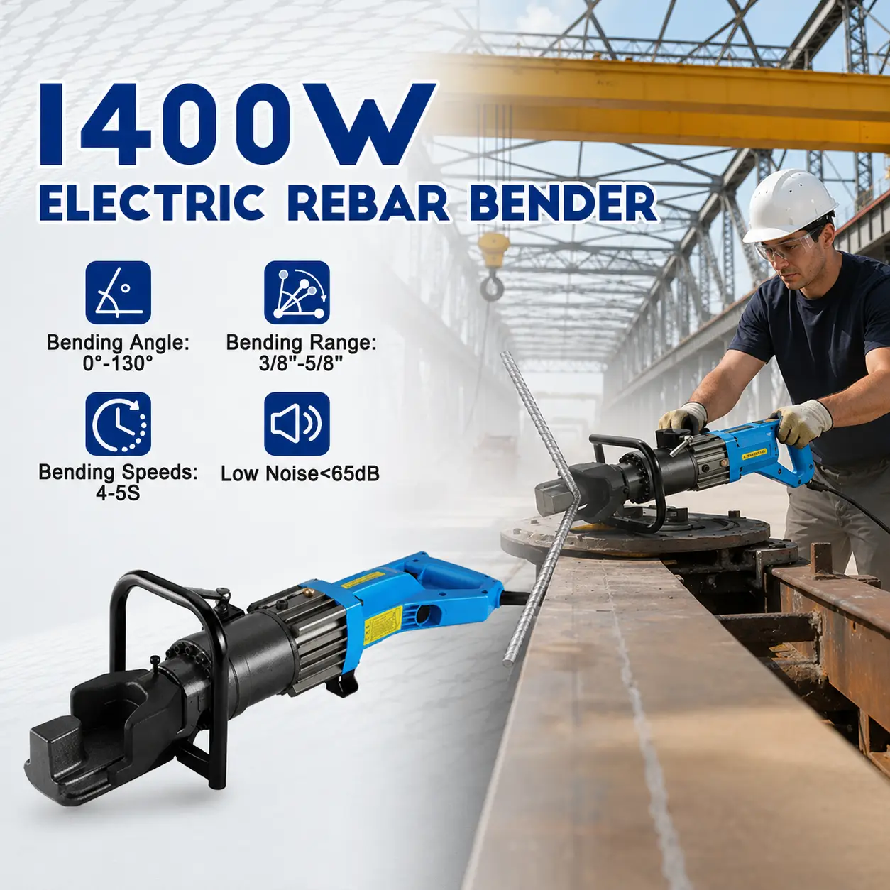 Electric Hydraulic Rebar Bender 1400W, 110V Portable Rebar Bending Tool for 5/32"-5/8" Steel Bar, Heavy Duty Construction Tool Sturdy Durable