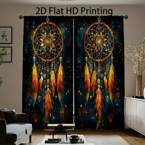 2-Piece set, vintage dream catcher screen print curtains, curtains with dream catcher, orange feathers and shiny beads, translucent rod pocket design, perfect for living room, bedroom, study home decoration, modern home decoration.