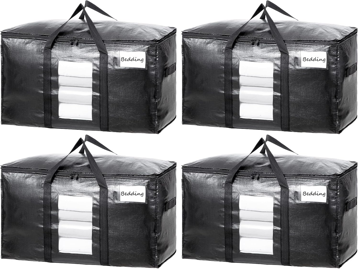 Extra Large Moving Bags, 4 Pack Black Heavy Duty Totes For Storage with Visible Window, Wrap Around Handles, Storage Bags for Space Saving, Alternative to Moving Boxes