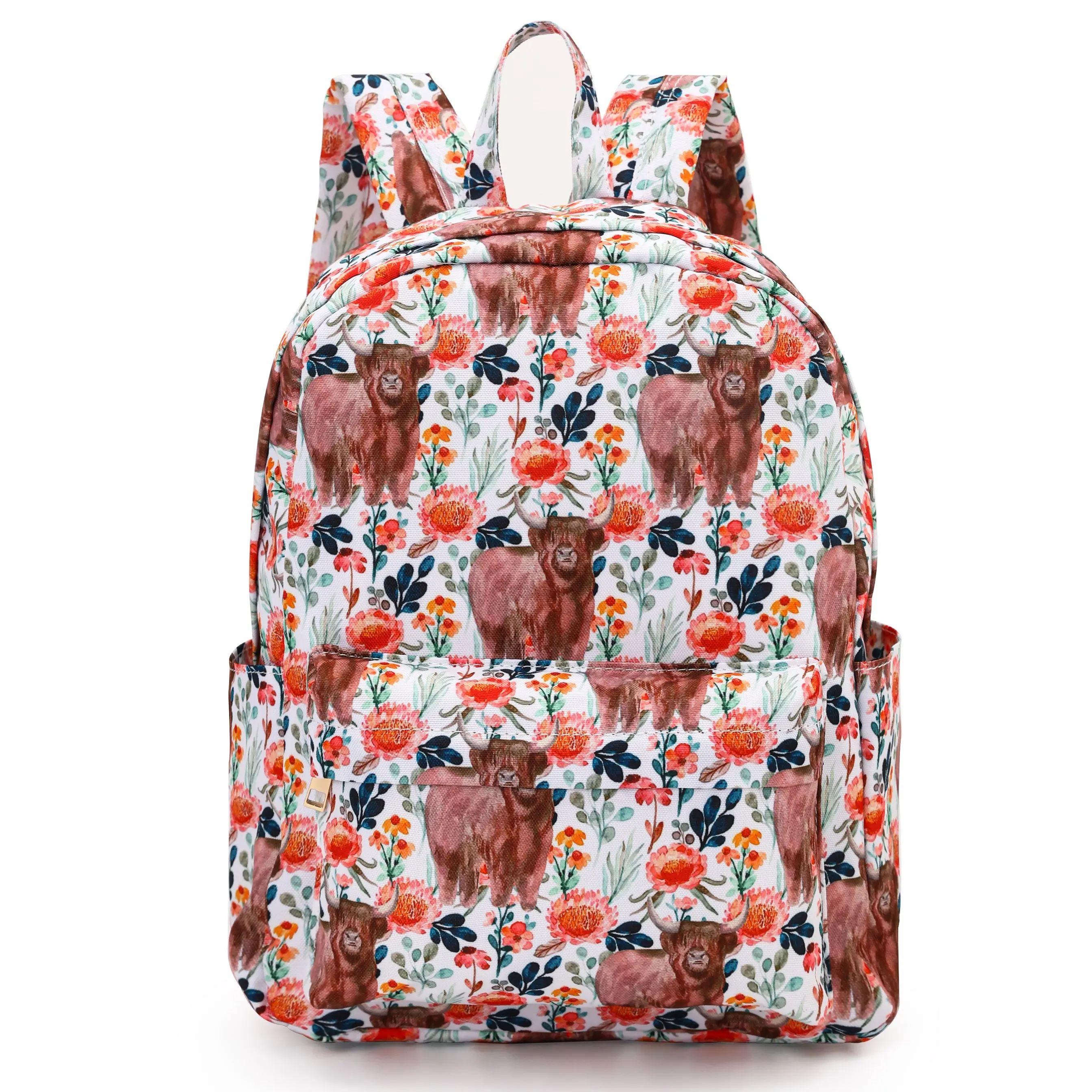 Kids' Orange Floral Highland Cow Western School Backpack, Cute Kids' Fashion Accessory Bag for Luggage Use, Cute Backpacks