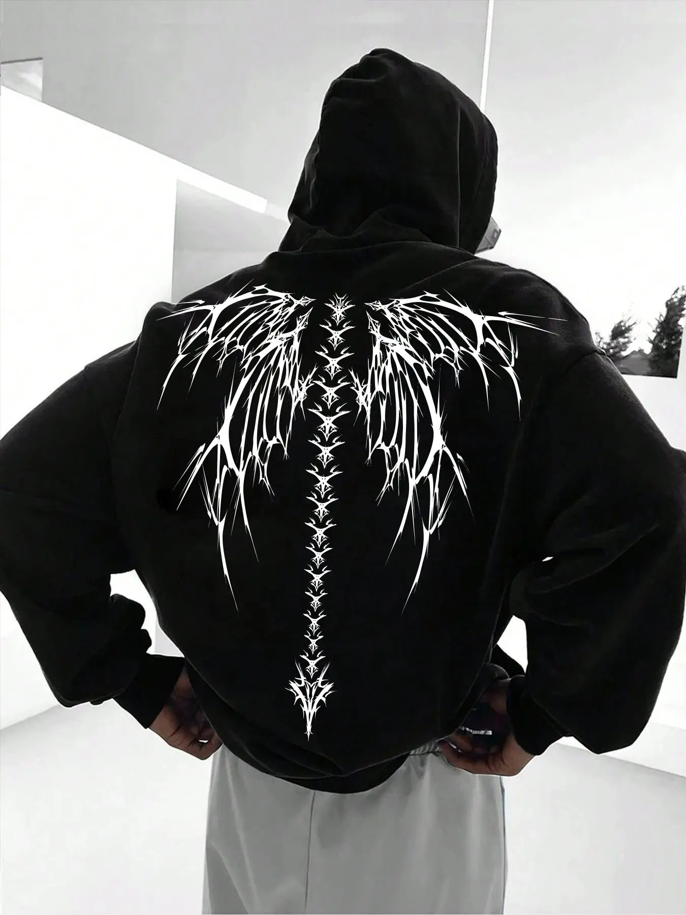 Unisex's Angel Wing Graphic Print Drop Shoulder French Fabric Hoodie, Fashion Casual Regular Fit Drawstring Pocket Long Sleeve Hooded Sweatshirt Tops for Daily Holiday Outdoor Wear, Men Clothes for Spring