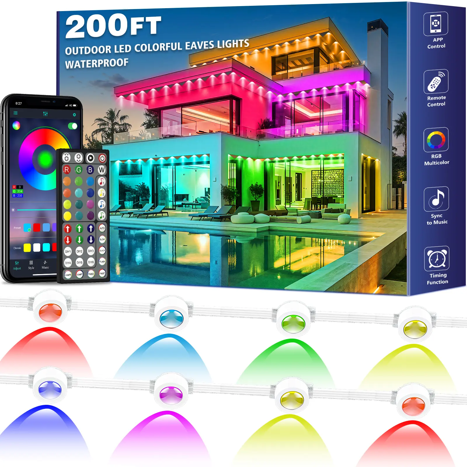 Permanent Outdoor Light IP67 Waterproof RGB Outdoor LED Continuous Light, with App and Remote Control, Best for Parties, Valentine's Day Decoration, Garden and Outdoor Lighting Gifts for Men and Women Friends lights led lights bedroom tape light lights su