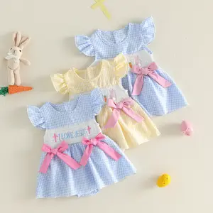 Babamoon Infant Baby Girls Easter Romper Dress A Line Letter Cross Embroidered Plaid Bows Smocked Flying Sleeve Newborn Bodysuit 0-18 Months