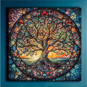 Tree of Life Mandala Tapestry | Multi-Colored Stained Glass Prints | Durable Peach Beige Fabric | Versatile Wall Hangings and Decorative Artwork | Easy to Install with Hooks | Perfect for Home Decor and Gifts, Art Home Accessories | Natural Style Decor