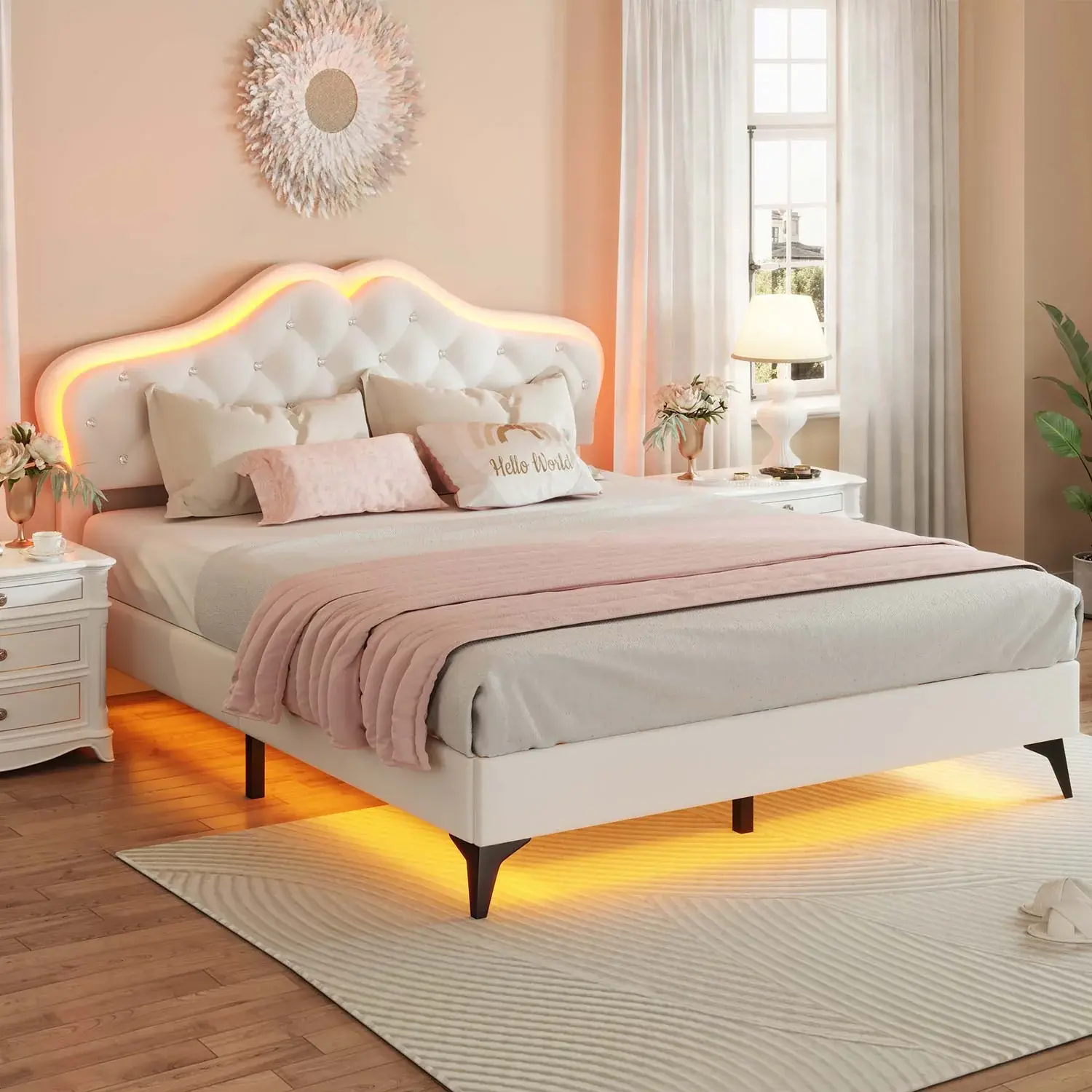 SIKAIC Upholstered Bed Frame - White Velvet Platform Bed with Adjustable Headboard for Bedroom Indoor Furniture Use, Upholstered Bed Frames