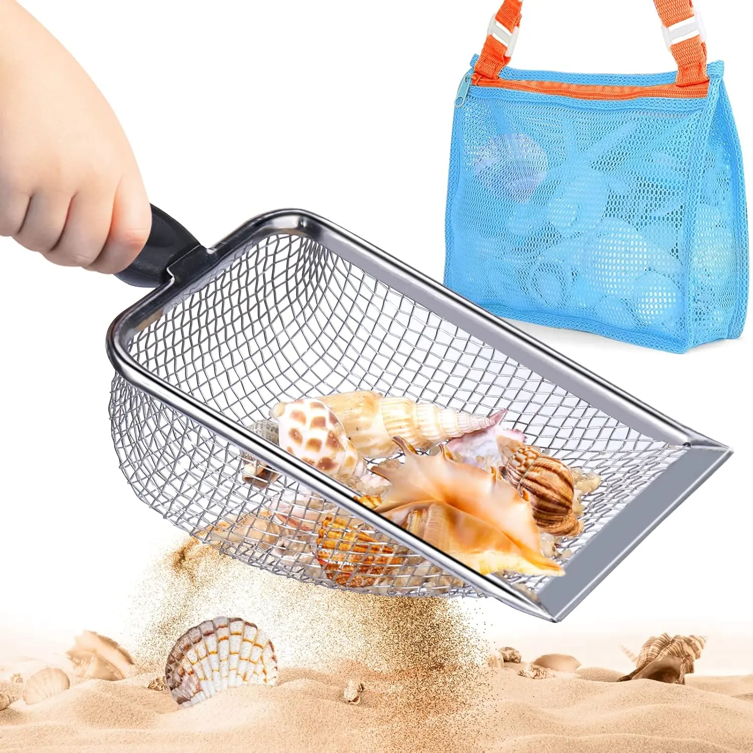 Summer Spring Gift Beach Mesh Shovel with Mesh Beach Bag for Shell Collecting, Kids Filter Sand Scooper for Picking Up Shells, Shark Tooth Sifter Dipper for Boys and Girls, Toy