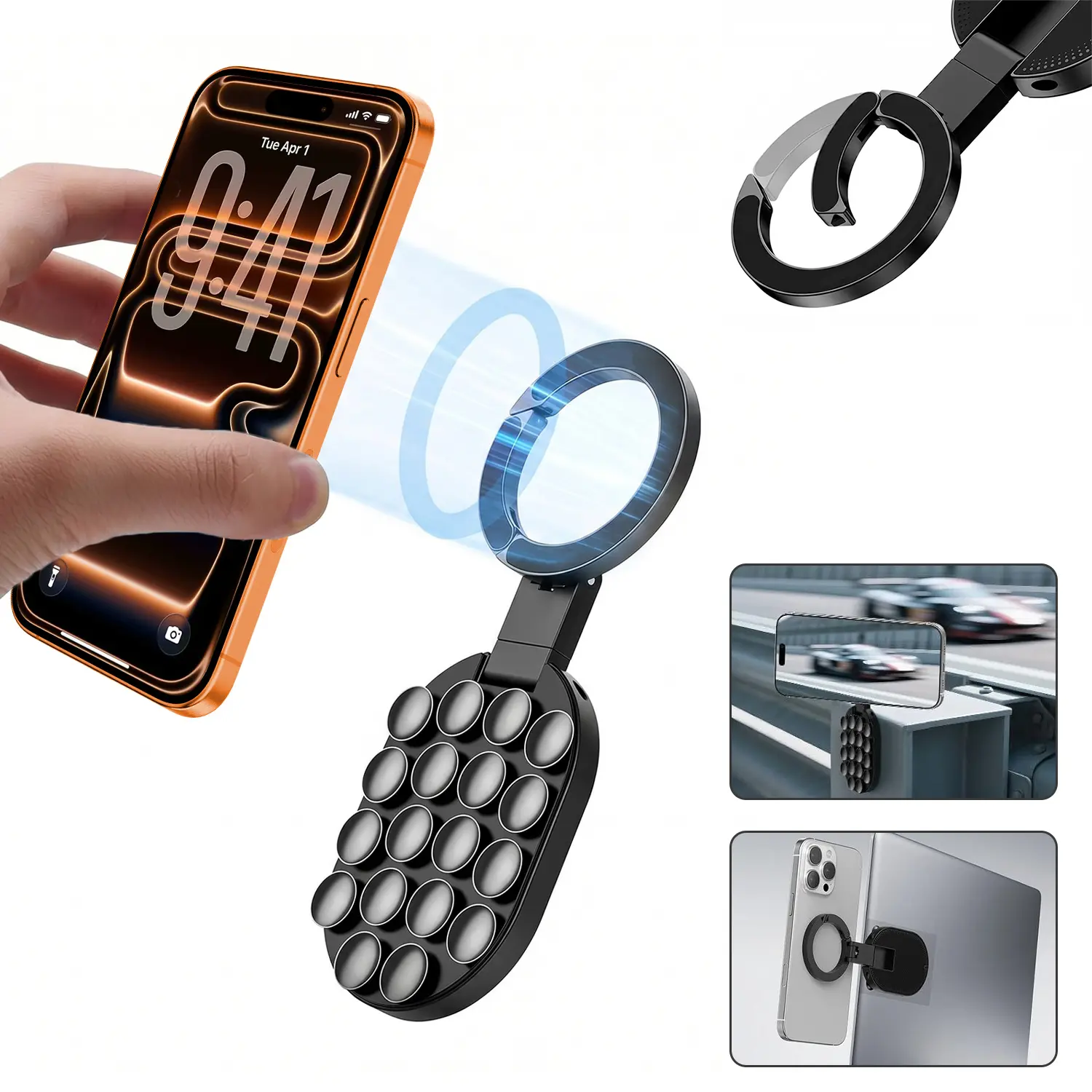 3-in-1 Suction Magnetic Phone Holder for MagSafe, 360° Rotatable Phone Tripod Mount with Carabiner Clip, 18 Strong Adhesion Suction Cups, Compatible with for iPhone 17-12, Ideal for Car Dashboard, Gym, Kitchen, Office