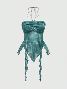 Women's Vintage Bohemian Mesh Halter Neck Top, Ruffled Irregular Hem Peplum Print Blouse, Music Festival Beach Y2K, Fit