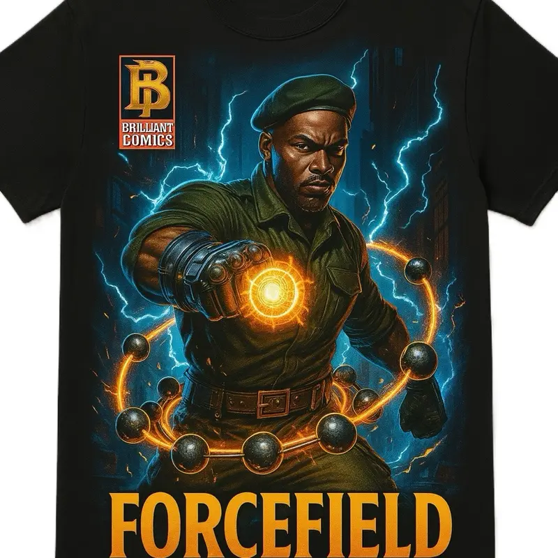 Brilliant Comics Forcefield Limited Edition Brilliant Black Tee with Dynamic Graphic Design and Iconic Logo