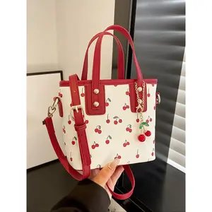 Women's All Over Cherry Print Handbag with Cute Cherry Charm Decor, Fashionable Zipper Closure Crossbody Bag for Daily Commute, Casual Trendy Versatile High-quality Daily Commuting Bag
