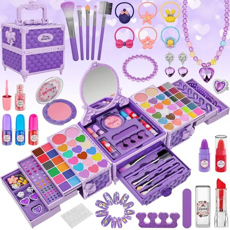 99 Pcs Kids Makeup Kit for Girls, Princess Toys Real Washable Cosmetics Set with Mirror, Hair Ties, Nails, Rings, Earrings, Necklace, Perfect for 3 4 5 6 7 8 Year Old Girls Birthday
