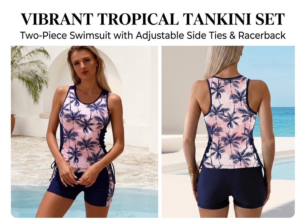 Holiswim Two Piece Tankini Set for Women Tropical Palm Tree Print Racerback Swim Top with Built-in Bra and Drawstrings Boy Shorts Bathing Suits Beach Swimwear