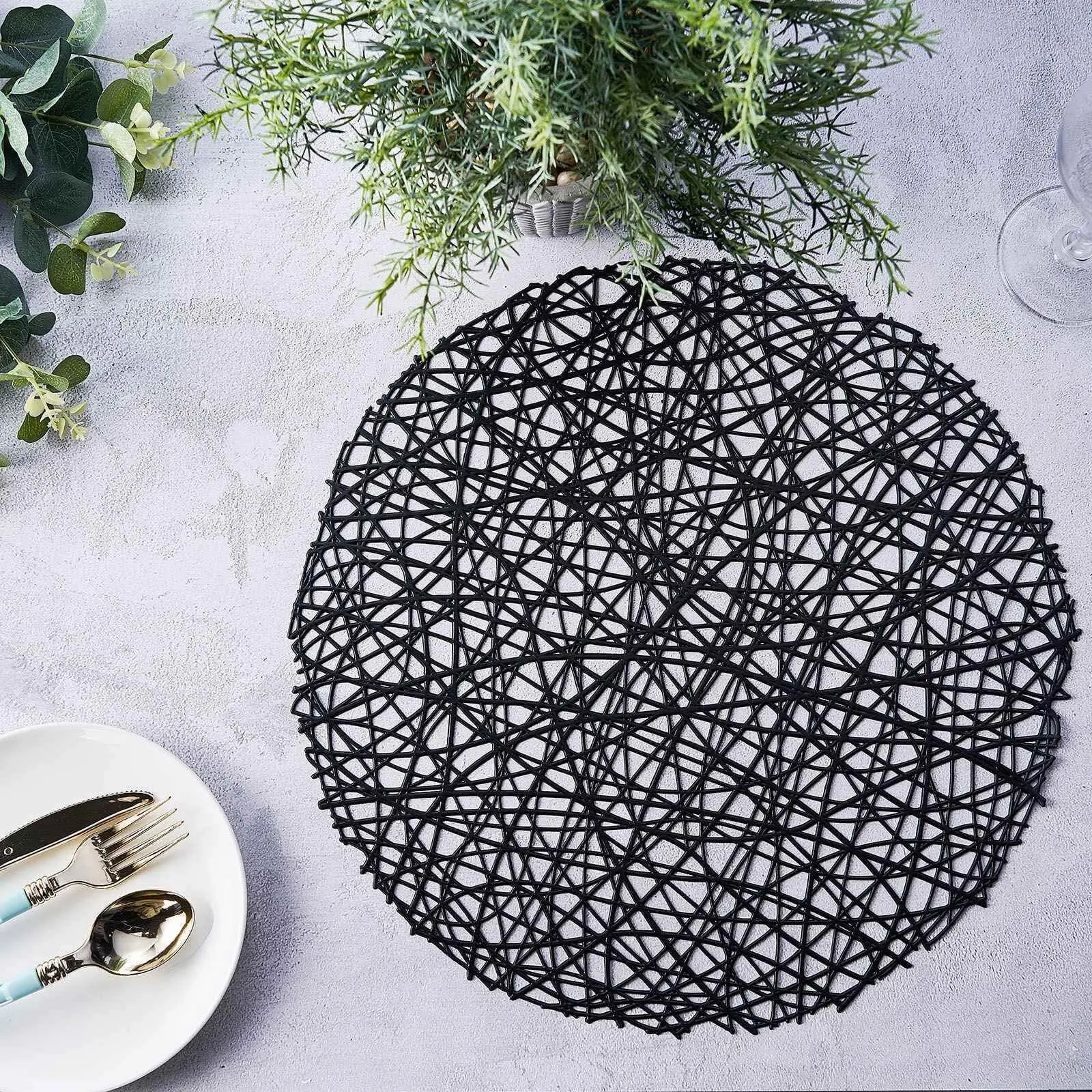 6-Pack Vinyl Weave Placemats, 15in Black Kitchen Decorative Placemats, Non-Slip Household Dining Table Mats