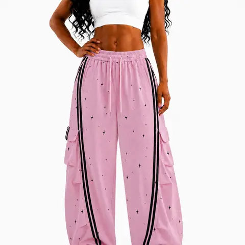 Loose Fit Street Cargo Pants Women Plus Size Teal Green Wide Leg Drawstring Joggers with Side Pockets & Sporty Stripes Soft Cotton Blend Elastic Waistband