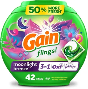 Gain Flings Laundry Detergent Pacs, 42 Count, Moonlight Breeze Scent, 3 in 1 HE Detergent Pacs with Oxi Boost and Febreeze
