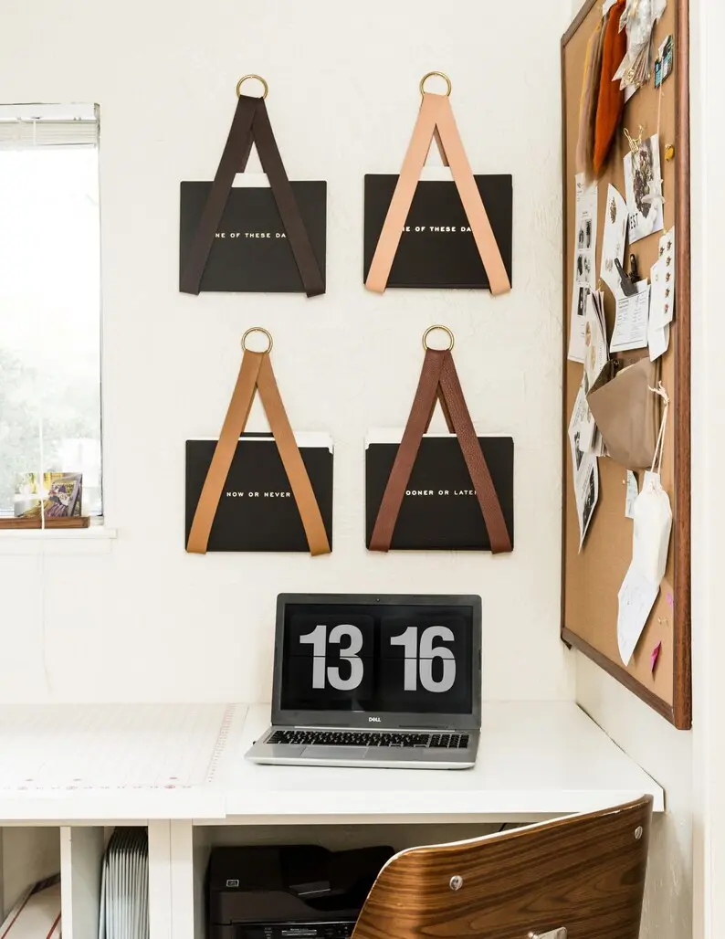 Leather hanging file storage organizer wall hung magazine rack file holder for wall organization office decor storage strap mail wall mount