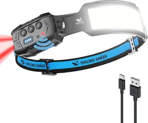 Smiling Shark Headlamp with Motion Sensor & Red Tail Light Rechargeable LED Camping Fishing Running Repairation Light No Warranty