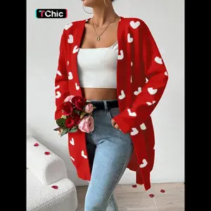 Women's Heart Print Drop Shoulder Cardigan, Casual Chic Elegant Open Front Long Sleeve Knitwear for Fall & Winter, Valentine's Day Gift, Fashion Ladies' Knit Womenswear for Daily Wear