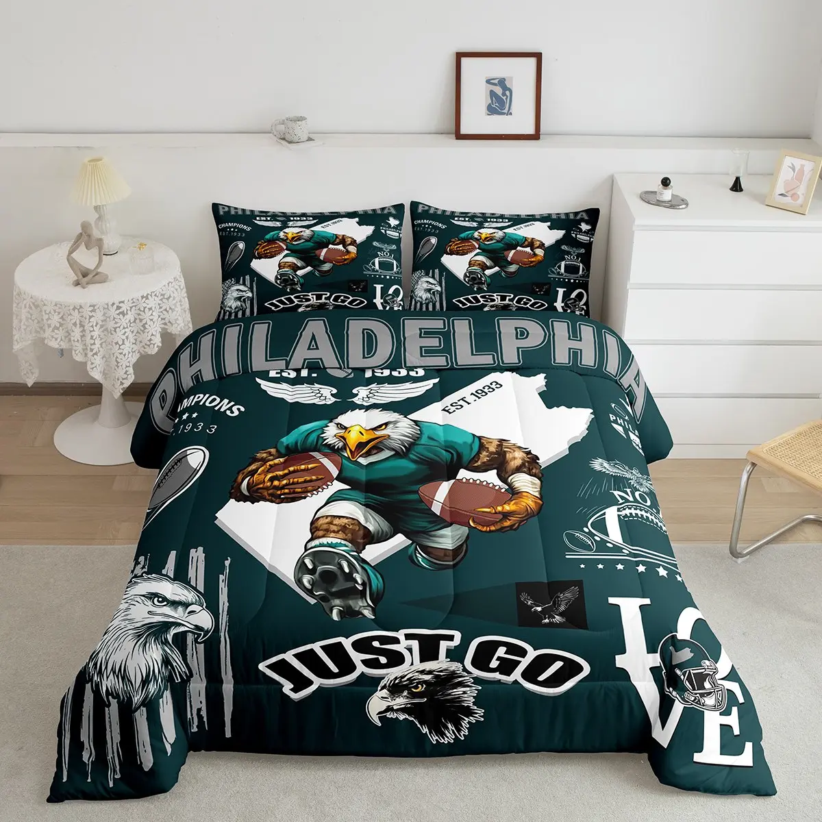 Kids Football 7 Piece Bed in A Bag Boys Sports Theme Comforter Set for Men Teens Rugby Ball Pattern Bedding Sets