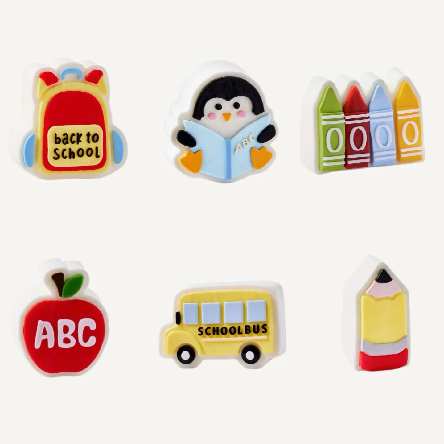taba squishy Back-to-School Mini Handmade Squishy Toy Set, 6 Styles Cute School Themed Slow Rising Fidget Squishies — Reading Penguin, Colorful Crayons, School Bus, ABC Apple, Pencil, Backpack, Portable Stress Relief Collectible Toy ,Kid Gift