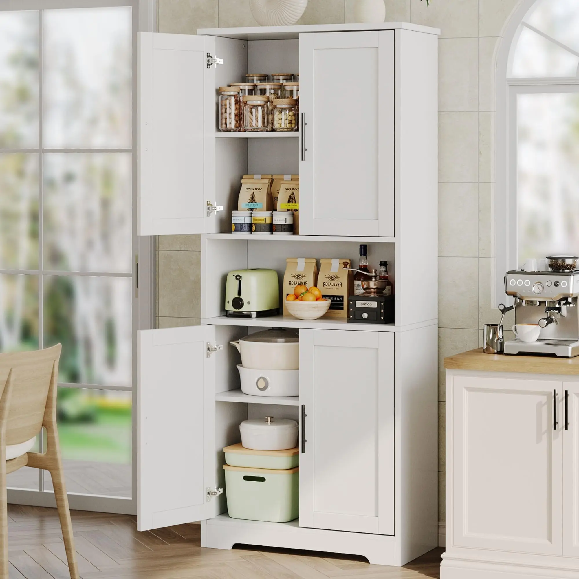 Garvee White Pantry Cabinet,70" Tall Kitchen Pantry Cabinet with Doors and Adjustable Shelves, Freestanding Cupboard, Tall Storage Cabinet for Bathroom, Dining Room, Living Room