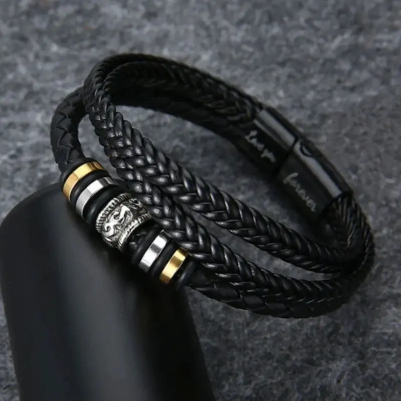 Durable Vegan Leather Braided Bangle - 8.3in Layered Ethnic Unisex Stackable Bracelet with Secure Clasp Hold, Bead-Like Accessories Bundle Bracelets & Bangles, Costume Jewelry Gift with Card & Box for Birthday Graduation, Arm Cuff Bracelets & Bangles