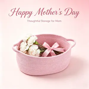 Cute Woven Storage Basket with Handle,durable baskets for mothers day gift,Small woven burr basket with gift bags and ribbons,Gift Boo Baskets for Halloween Birthday Baby Shower Burr, Decorative Organizer Box for Baby Toy Pet, 12" D x 8" W x 5" H,Pink