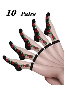 Women's Summer Thin Lace Glass Fiber Knee-High Socks, Rose Transparent Crystal Socks, Comfortable Breathable Socks, Pack of 10