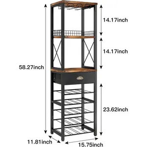 5-Tier Wine Rack Freestanding Floor, Liquor Bar Stand with Glasses Holder, Corner Mini Bar Cabinet for Small Space