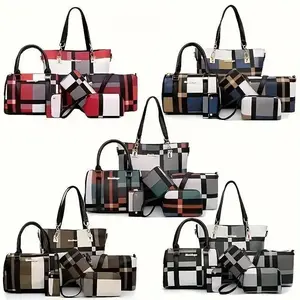 6-piece set of large-capacity checkered style bag combination, including handbag, crossbody bag, clutch, long wallet and short wallet, covering all types. It is simple, versatile and extremely practical.（gift）Gift