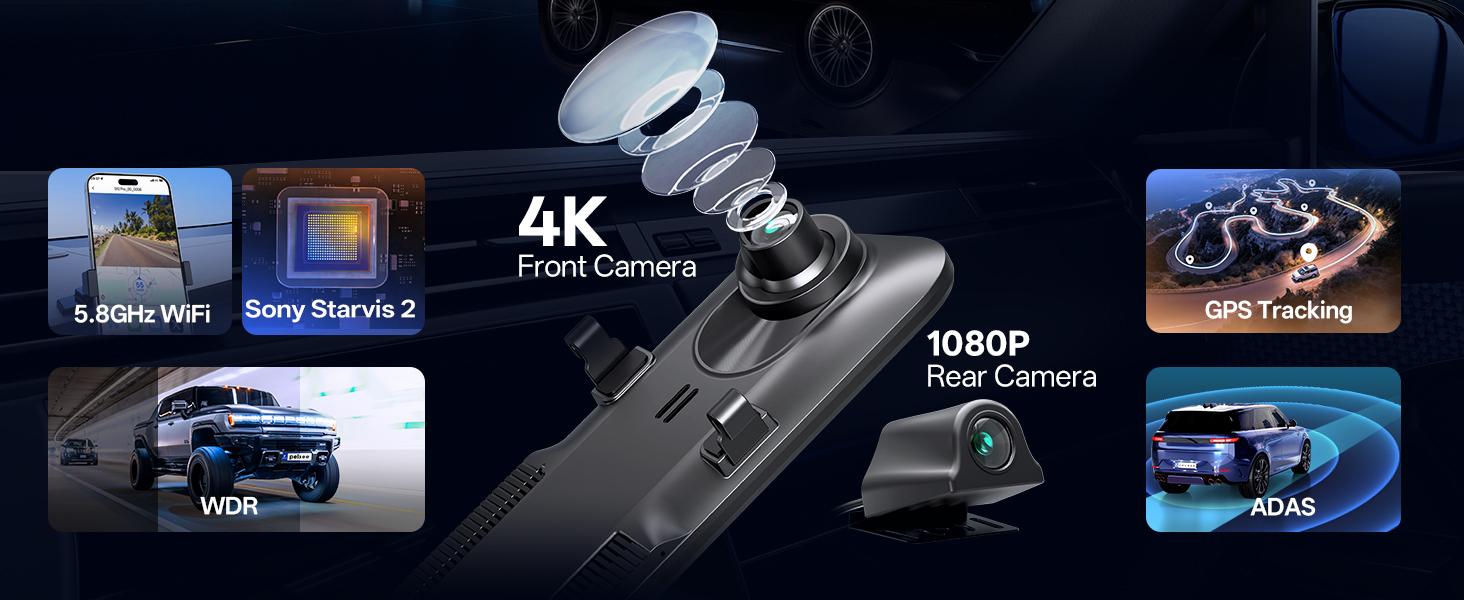 Pelsee P12 Pro 4K Mirror Dash Cam, 12'' Rear View Mirror Camera, Free 32GB Memory Card, Smart Driving Assistant w/ADAS and BSD,2160P Front and Rear Camera,Voice Control,Night Vision,Parking Monitoring detail 7