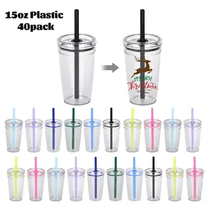40pcs 15oz Acrylic Coffee Cup with Colored Straws Reusable Iced Tumbler BPA-Free Clear Plastic Straw Cup for Coffee Milk Juice Smoothie Drinkware Water Bottles US Warehouse