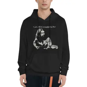 George Harrison Print Hoodie, Casual Polyester Knit Fabric Pullover, Loose Fit, with Kangaroo Pocket