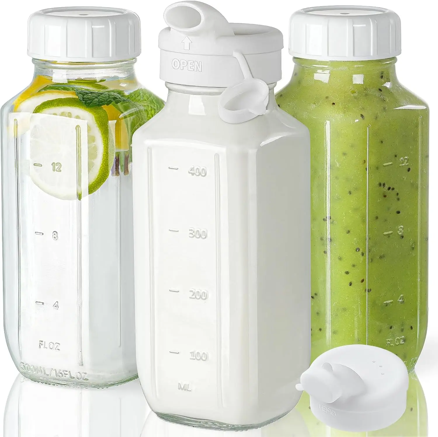 Syntic Glass Juice Bottles with Lids, 3 Pack Clear Glass Water Bottles with 2 Pour Spouts, 16 Oz Reusable Glass Bottles with Airtight Caps and Scale Markings for Juices, Smoothies, Beverage Storage and Daily Use