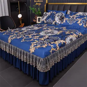 3-Piece Bed Skirt Set, Modern Floral Print, Ice Silk, Washable Lace Edges, Non-Slip, Suitable for Bedroom and Guest Room