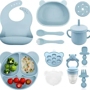 Bear Design Silicone Feeding Set, 11pcs/set Baby Feeding Bowl & Spoon & Fork & Bib & Straw Cup & Snack Cup & Ice Cube Box, Baby Dinnerware Set, Silicone Plate