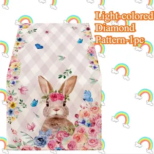 Bunny Rabbit Flowers Leaves Pink Buffalo Plaid Easter Table Runner, Spring Kitchen Dining Table Decoration textured linen