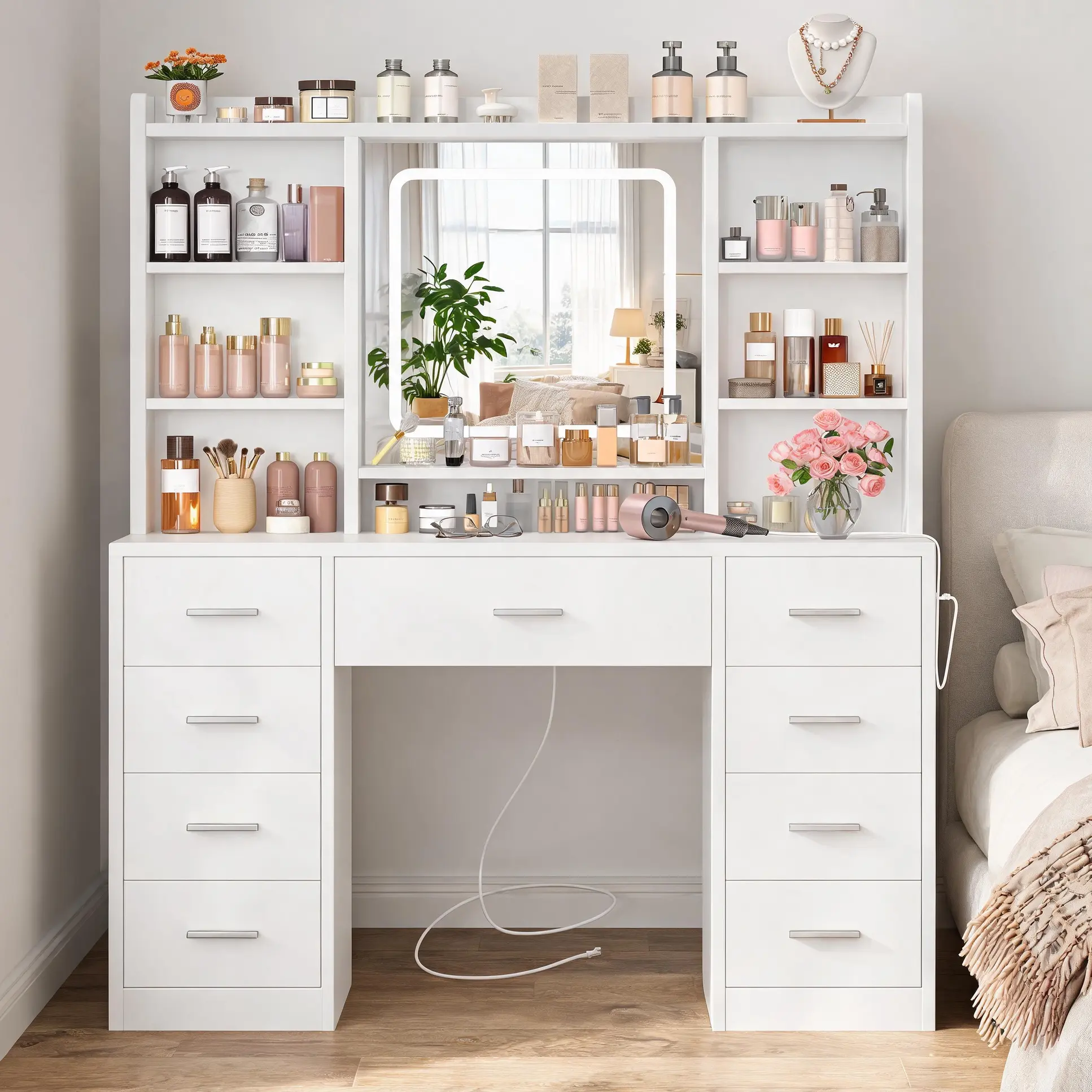 Modern Makeup Vanity Desk with LED Lighted Mirror & Power Outlet,Makeup Vanity Table with 9 Drawers,6 Shelves and 5 Hooks,Vanity Table, Vanity Desk Set for Bedroom, campingessentials