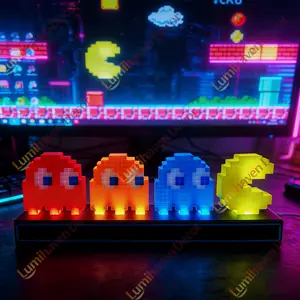 LED Pac-Man Pixel Light USB-powered sound-activated lamp that changes intensity with volume. Gaming decor, room decor, and desktop lamp. Perfect holiday or birthday gift.