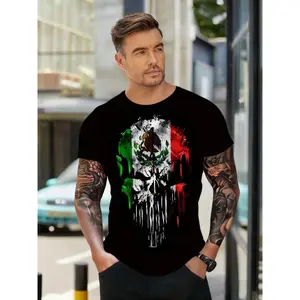 Unisex Medium Size Street Style Shirt - Breathable Fabric, Mexican Flag Skull Print, Edgy Attitude Design for Daily Wear, Comfortable & Eye-Catching Casual Top for Men Women