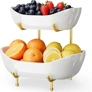 2 Tier Ceramic Fruit Bowl for Kitchen Counter – Fruit Basket with Gold Metal Stand, Holder for Snacks, Nuts, Cakes, Desserts, Bread, Candy Storage