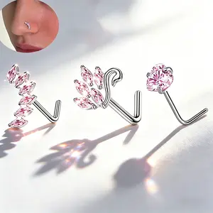 3PCS 20G 7mm L-Shaped Dangling Nose Rings for Women Unique Design Zircon Series Stainless Steel Nose Studs Pink Nose Piercings Nose Ring Jewelry