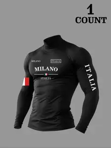 Men's Vintage "Milano Italia" Compression Turtleneck Long Sleeve Top, Athletic Letter Print, Retro European Streetwear Fashion, Athletic Fashion Activewear, Stretch Material, Slim Fit Silhouette, for CrossFit, Running, Fitness Enthusiast