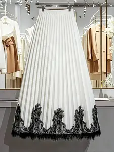 Elegant Midi Skirt for Women, Solid Color Pleated Design, Lace Trimmed Hem, Perfect for Casual and Formal Occasions, Plus Size Available