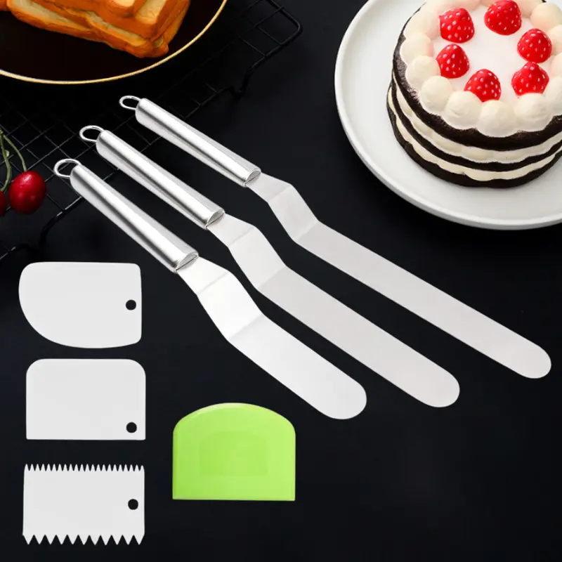 Angled Cake Icing Spatula Set with Dough Scraper and Cake Scraper Set for Cake Decorating, Professional Offset Frosting Spatula, 6" 8" 10" Blade
