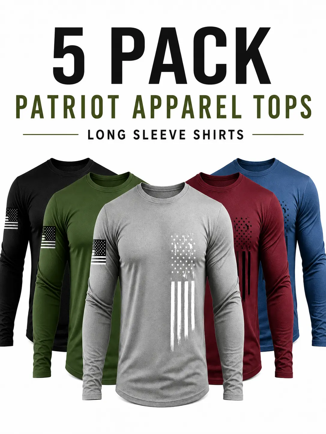 Men's Long-Sleeve Sporty Chic Gym Fashion Crew NeckAthletic Shirts 5-Pack, Us Pride/Nation Pride Flag GraphicTops for Gym, Hiking-Light Outdoor Activities