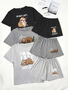 Three-Piece Pajama Set for Women, Loungewear Pjs Set, Short Sleeve and Shorts, Cartoon Tree Squirrel Print, Casual Loose-Fitting Sleepwear Pyjamas