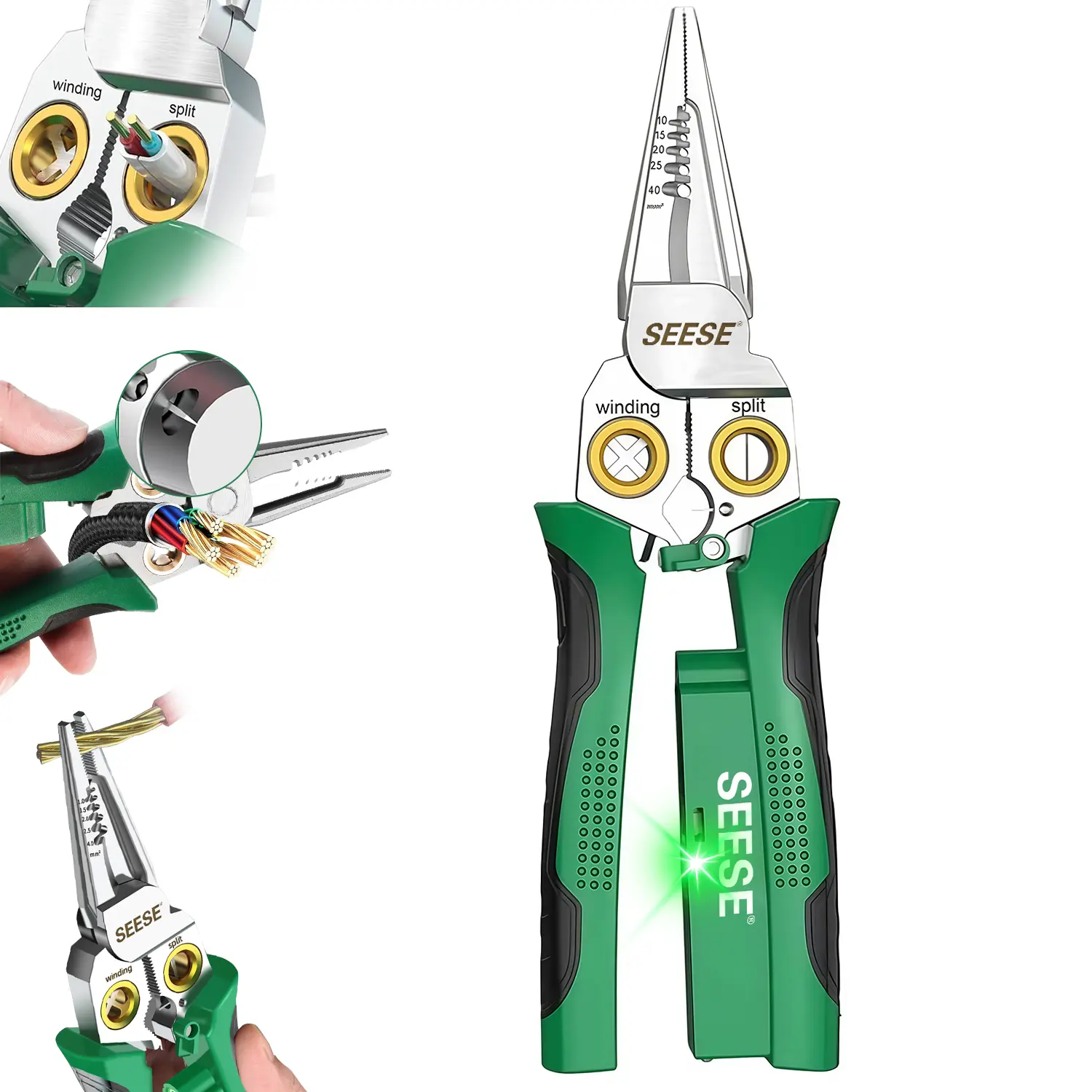 【FathersDayGift】SEESE 8 in 1 Wire Stripper Twister for Cutting and Pulling Wires, Voltage Tester Pliers,Cable Scissors, 12V to 250V Live,Null,Hot Wire Judgment AC DC, Audible and Flashing LED Alarms fathersdaygift